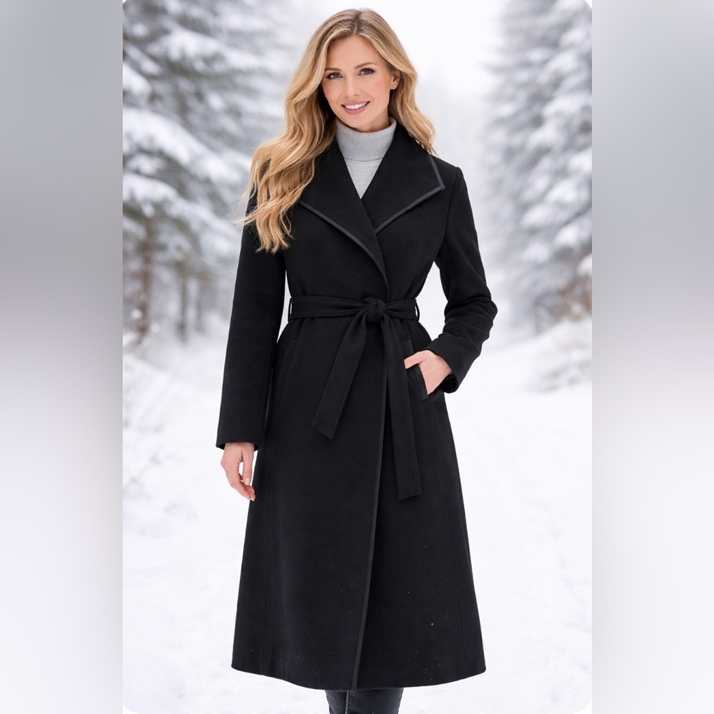 Tahari Women’s Long Wrap Coat Black NWT Tie Belt Water Resistant Warm MSRP $380+